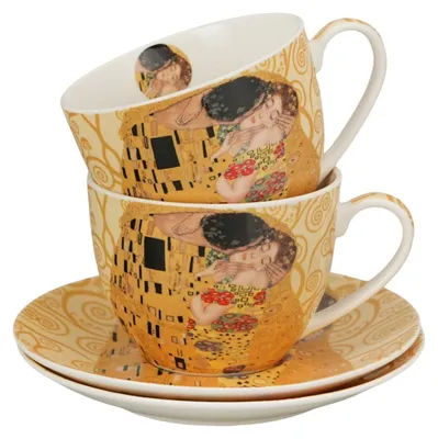 Zdjęcie produktu dla DUO | Filiżanka do kawy - Porcelanowa filiżanka - 2 x 250 ml - Klimt The Kiss - biało-beżowy - Zestaw 2 filiżanek i spodków