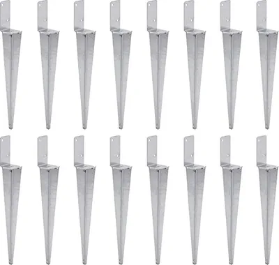 A grid of identical metal fence post anchors, also known as ground spikes or post supports, are arranged in rows against a white background.