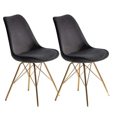 Productafbeelding van Eetkamerstoelen, set van 2, zwarte fluwelen keukenstoelen met gouden poten, Scandinavisch design, gestoffeerde stoelen