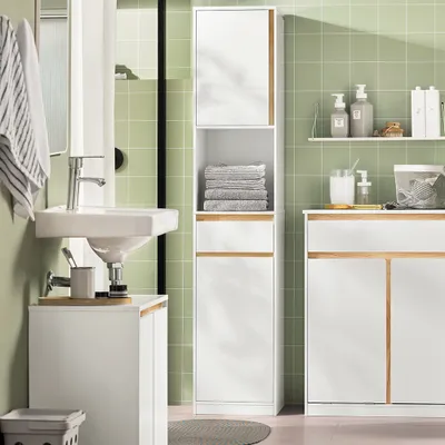 Produktbild von SoBuy Hochschrank Badezimmer Schrank Badschrank Badregal Badezimmerschrank Badezimmermöbel schmal mit 2 Türen Weiß BZR80-W
