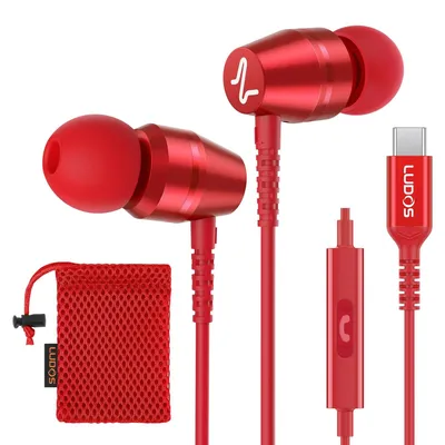 Zdjęcie produktu dla Słuchawki USB-C OMNITONE, słuchawki douszne z mikrofonem, typ C, z kablem, czerwone