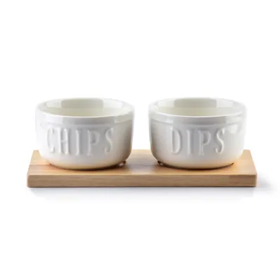Zdjęcie produktu dla miseczki 2szt. biała porcelana z drewnianą deską