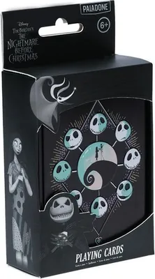 A box of playing cards featuring characters and imagery from "The Nightmare Before Christmas."