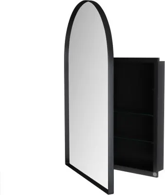 Produktbild von Spiegelschrank 91x61x12 cm Schwarz Gewoelbt Metallrahmen Einbau Wandschrank Mit Verstellbaren Regalen Badezimmer Wohnzimmer Schlafzimmer