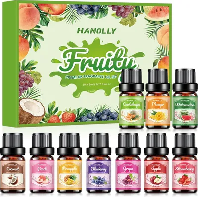 Productafbeelding van Set van 10 fruitige etherische oliën, 5 ml per flesje, voor aromatherapie