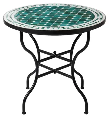 Produktbild von Marokkanischer Mosaiktisch Marrakesch Grün Weiß 80cm, Ø80cm, Höhe 75cm, klappbarer Gartentisch aus Schmiedeeisen, handgemachter Bistrotisch aus Marrakesch für Balkon, Garten, Terrasse, Küche und Wohnzimmer