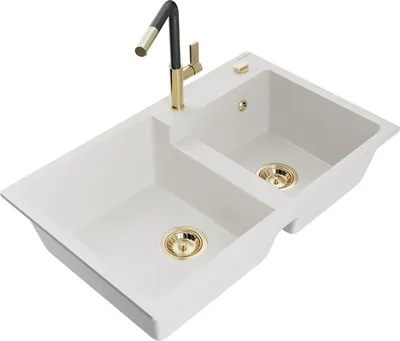 Produktbild von Mexen Tomas 2-Becken-Granitspüle mit Mischbatterie Flora, Weiß - 6516-20-670401-57-G