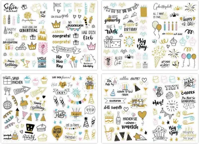 Immagine prodotto di Set di adesivi per compleanno, 225 pezzi, opachi, trasparenti, con glitter, ideali per biglietti e decorazioni