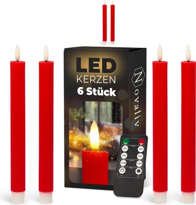 Produktbild von Stabkerzen LED mit Timer ROT 6 Stück indoor - 6 Stunden - ECHTWACHS gerippt 23cm Höhe für Kerzen 2,2cm Durchmesser 2 AAA Batterien notwendig LED Stabkerzen 2er Set ROT (zwei Mal) bewegliche Flamme