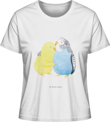 Produktbild von Mr. & Mrs. Panda Damen T-Shirt Kurzarm Wellensittich Liebe Größe M - Weiß - Geschenk, Oberteil, Vertrauen, Umarmung, Basic, shirt, Ehefrau, für Frauen, Vögel, Verknallt