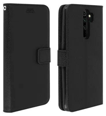A black flip cover for a Xiaomi Redmi Note 8 Pro phone is shown from two angles.