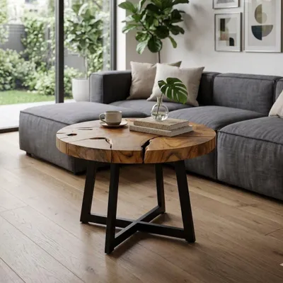 Produktbild von Runder Massivholz Couchtisch BAGIAN 80cm Teak natural Metall