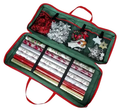 Produktbild von Geschenkpapier-Aufbewahrungsbehälter, Weihnachts-Tragetasche mit Reißverschluss und Innentaschen, für Weihnachten, Urlaub, Zuhause, Reisen, Schleifen-Aufkleber
