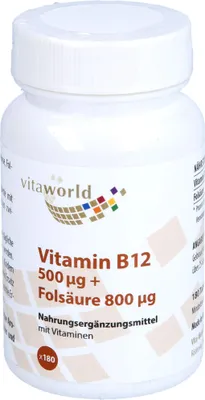 Zdjęcie produktu dla Witamina B12 500 ug + kwas foliowy 800 ug, 180 sztuk TAB
