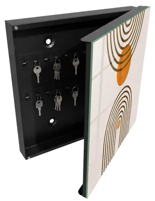 Produktbild von Schwarzer Schlüsselschrank aus Metall 30 x 30 cm - Schlüsselbox zur Wandmontage mit Tür - rechts öffnender Schlüsselkasten - praktische Schlüsselaufbewahrung für Zuhause - Retro-Geometrie, KI-generiertes Bild