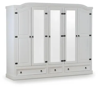 Image de New Mexico Armoire 5 portes avec 3 portes miroirs, 2 portes lambrissées et 3 tiroirs en blanc ciré.