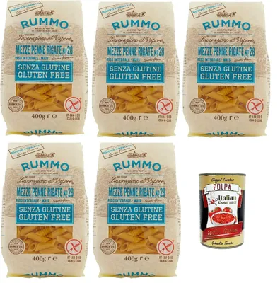 Produktbild von Rummo Pasta Nudeln Glutenfreie Mezze Penne Rigate, Bronze Gezeichnete gluteinfrei, perfekt für Menschen mit Zöliakie oder Glutenunverträglichkeit, 5x 400 g + Italian Gourmet polpa 400g