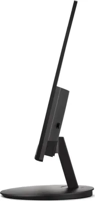 A side profile view of a black computer monitor on a stand, set against a white background.