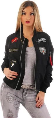 Produktbild von Damen Bomberjacke Jacke mit Patches Übergangsjacke; Schwarz XS/S