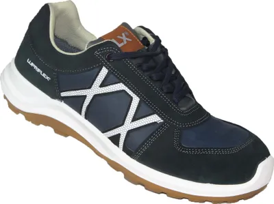 A single navy blue work shoe with white accents and a brown sole is shown against a white background.