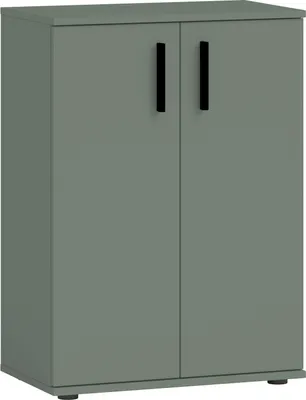 A simple, clean studio shot of a gray cabinet with black handles.