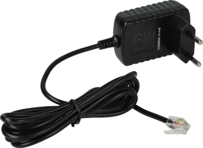 A black power adapter with a European plug and a coiled cable ending in an RJ11 connector, isolated on a white background.