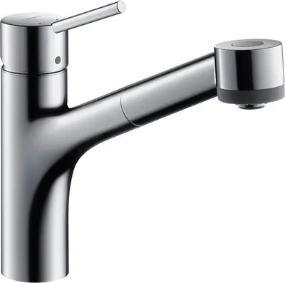 A single kitchen faucet with a pull-out spray head, shown against a white background.
