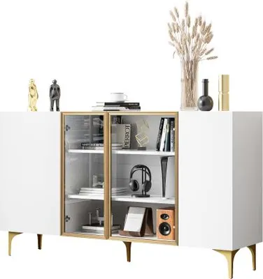 Immagine prodotto di AIORBER Elegante credenza a 4 ante bianca, vetro e metallo, Molto spazio, Moderna, Senza maniglie, 150×38×85cm