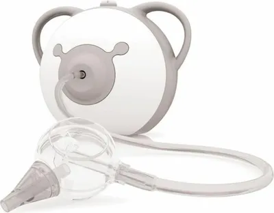 A white and gray electric nasal aspirator with a transparent suction bulb and tube.