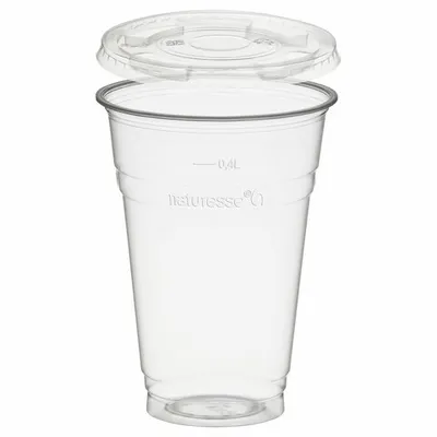 Produktbild von 50x Trinkbecher 400ml + Deckel flach ohne Loch aus Biokunststoff (PLA)
