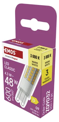 Produktbild von EMOS - G9 LED Lampe CLASSIC 4,3 Watt, ersetzt 48 Watt Halogenlampe - G9 Pin Lamp
