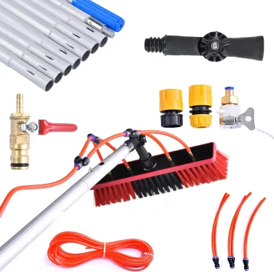 Produktbild von Teleskop-Waschbürste - Wasserführende Bürste - Ausziehbar 9 m - Stange aus Edelstahl - Schlauchanschluss - Für Solarmodule, Terrassendach und Außenglas