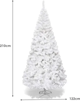Image de COSTWAY Sapin de Noël artificiel 210cm avec 950 pointes, aiguilles en PVC & support en métal, sapin de Noël idéal pour la maison, le bureau & les magasins, blanc