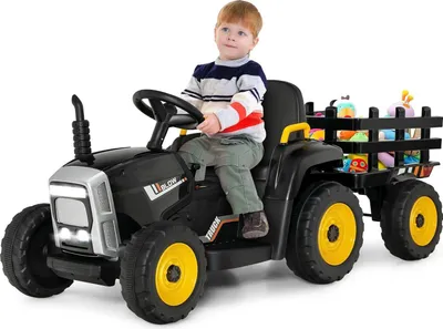 Produktbild von GOPLUS Elektrofahrzeuge mit Anhänger, 3-Gang Elektroauto Traktor mit Fernbedienung, LED-Licht & Musik & Bluetooth, für Kinder ab 3 Jahren, bis 30 kg (Schwarz)