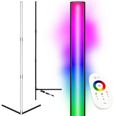 A floor lamp with RGB lighting and a remote control.