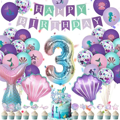Immagine prodotto di Set di decorazioni per feste a tema sirena, con palloncini e topper per torta
