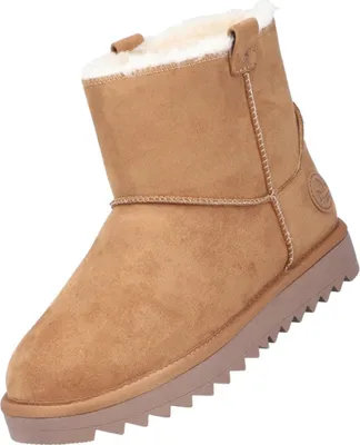 Auf dem Bild ist ein brauner Stiefel zu sehen der von der Seite betrachtet wird. Der Stiefel hat eine robuste Optik mit auffälligen Nähten und einer stabilen Sohle.