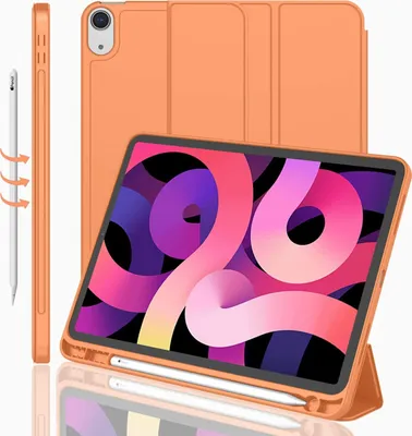 Produktbild von Schlanke Hülle für iPad Air 4. Generation Hülle 2020, iPad 10,9 Zoll Hülle 2020 mit Stifthalter [Unterstützung Touch ID und iPad 2. Bleistift aufladen / paarweise], Trifold Stand Smart Hülle mit weichem TPU-Rücken (Orange)