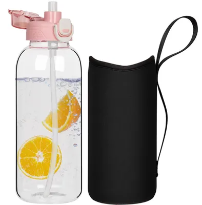 Image de Omgoods - Bouteille d'eau en verre de 2 litres avec paille et étui en néoprène