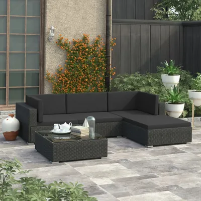 Produktbild von vidaXL 5-tlg. Garten-Lounge-Set mit Auflagen Poly Rattan Schwarz