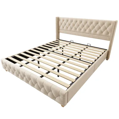 Produktbild von okwish Polsterbett Doppelbett 180×200cm mit Lattenrost und Kopfteil, Knopfpolsterung, Nietenpolsterung, Samt, Hellbeige,Ohne Matratze