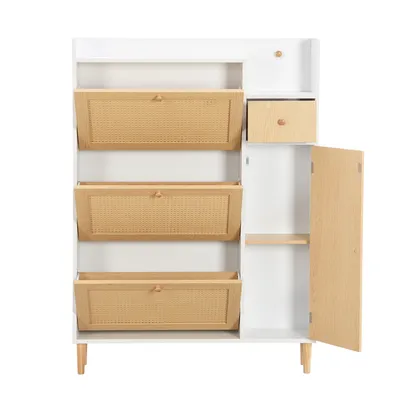 Produktbild von Schuhschrank, 90/17/125 cm, schmaler Schuhkipper mit Schubladen, Türen, offenen Fächern, Haken und 3 Klappen