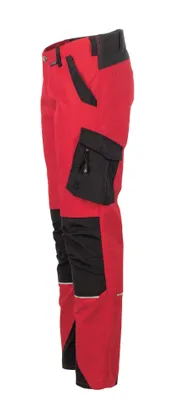 A pair of red and black work pants shown from the side.