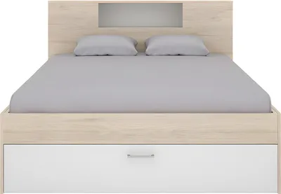 Produktbild von Bett mit Kopfteil, Stauraum & Schubladen - 160 x 200 cm - Weiß & Naturfarben - LEANDRE