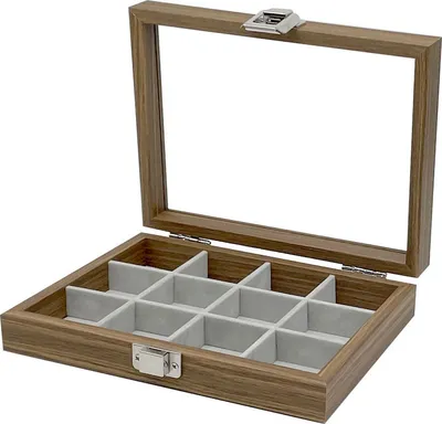 Produktbild von Kleine Holz Schmucklade 12 Fächer für Ringe Ohrringe Halsketten Armbänder Schmuckkasten Schmuckkoffer Schmuckbox Schmuckschatulle Aufbewahrungsbox Deckel mit Echtglas