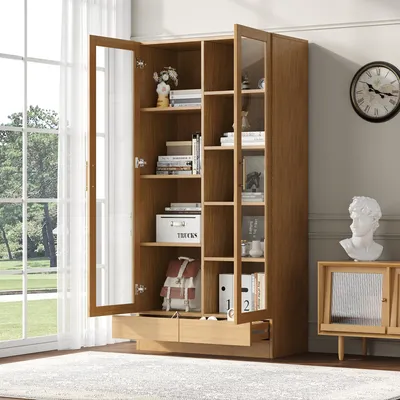 Produktbild von STILVORA Vitrine mit Fachböden&2 Schubladen,Standvitrine grifflos mit Glastüren&Regalen,Hochschrank aus MDF mit Kippschutz,Holzfarbe
