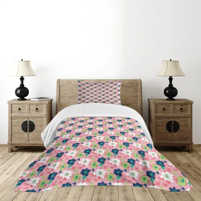Produktbild von ABAKUHAUS Floral Tagesdecke Set, Karikatur Gezeichnet in Pastell Farbigen Dekorativen Frühlings-Blumen Grafik auf Rosa Hintergrund, 170 x 220 cm, Mehrfarbig