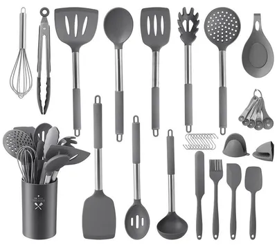 Produktbild von Light Grey19-teiliges Silikon-Küchenutensilien-Set, hitzebeständige Kochbesteck-Garnitur für Antihaft-Pfannen, Pfannenwender, Suppenkelle, Kochlöffel und Küchenhelfer-Set