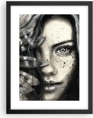 Produktbild von Gerahmtes Poster - Schwarzer Rahmen - Frau Federn Lippen Kunst. - 30x40 cm - Wand Bild - Wanddeko - Wandbilder - Wandposter - Bilderrahmen - Bilder - Kunstdruck - Wandbild - P2BPA30x40-2874