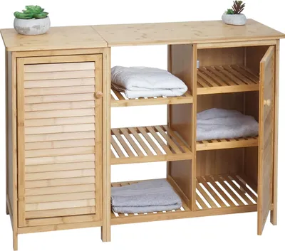 Produktbild von Kúpeľňová skrinka HWC-B18, policová skrinka do kúpeľne, 2 dvierka bambus 87x99x33cm